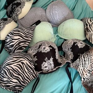 Victoria's Secret Lace & Zebra-Print Bra Set — Mint, Gray, Black & White